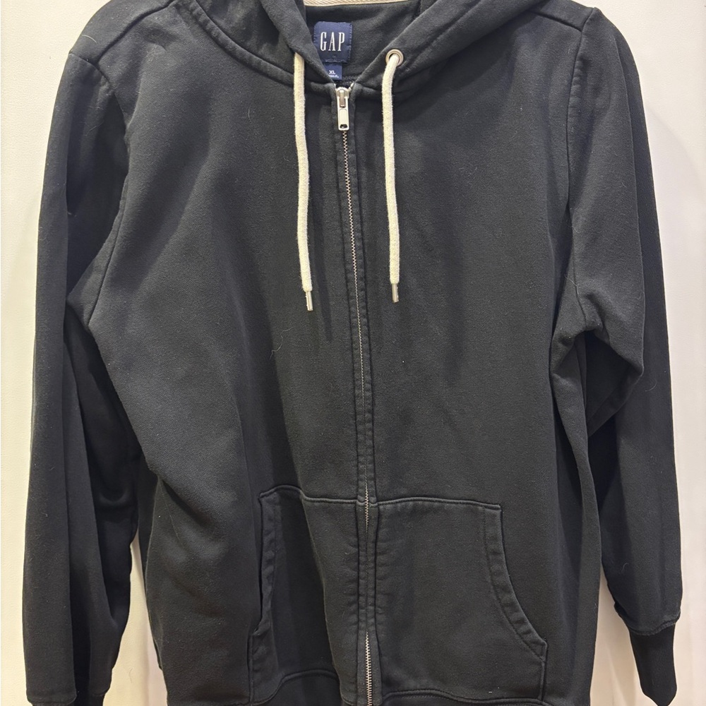 GAP Black Zip Hoodie with White Drawstrings